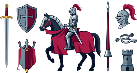 Fototapeta premium Medieval Knight Armor Set with Warrior on Horse, Sword, Shield, Spear, Helmet, and Castle Tower Vector Illustrations for Game Asset Design