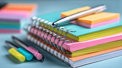 Fototapeta premium Notebooks pens and sticky notes on a desk