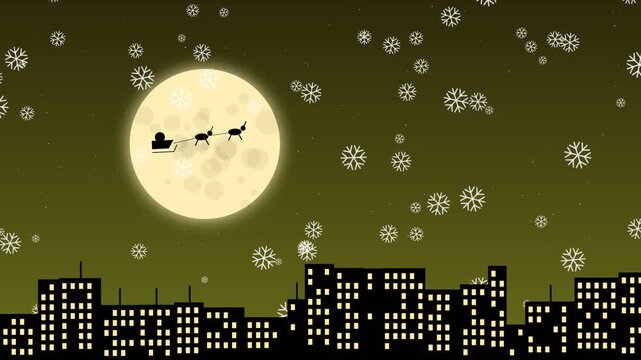 Santa sleigh flying over city skyline with full moon and falling snow