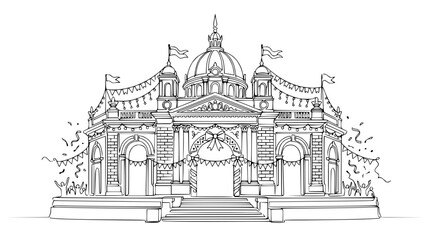 Obraz premium Ornate Building Facade with Flags and Bunting - Hand-Drawn Sketch