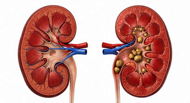 Healthy kidney versus kidney with stones comparison illustration