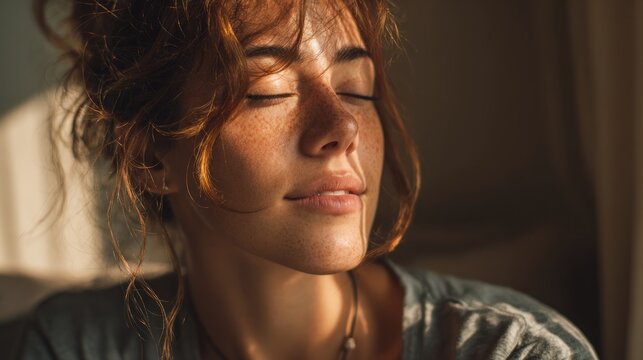 Woman with freckles enjoying sunlight eyes closed