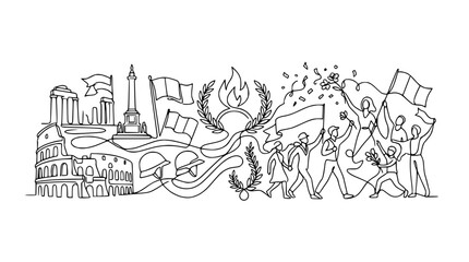 Obraz premium Continuous line drawing of French landmarks, Olympic flame, and celebratory parade