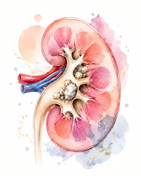 Watercolor illustration of human kidney cross section with kidney stones
