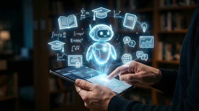 AI Assistant for Education and Online Learning Concept on Tablet with Holographic Robot and Study Icons.
