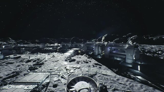 lunar base at night overlooking habitats and regolith, quiet starry sky, illuminated modules and solar arrays, rugged cratered terrain with distant horizon