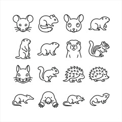 Obraz premium Vector line icons of sixteen small rodents and wild mammals