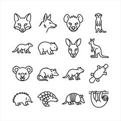 Fototapeta premium Minimalist black and white line art vector icons of wild animals.