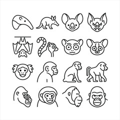 Obraz premium Minimalist black line vector icon set of primates and wild mammals