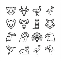 Obraz premium Minimalist vector line art icons of wild animals and birds