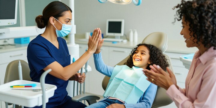 Dentist gives high five to happy girl in chair while mother smiles. Young patient and dental pro celebrate successful checkup. Oral health team work.