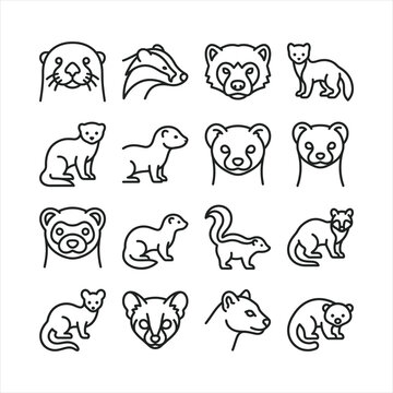 Set of minimal mustelid and small mammal outline vector icons