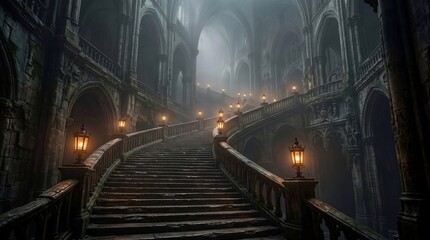 Fototapeta premium A dimly lit staircase curves upward in a grand abandoned building with arches and lanterns.