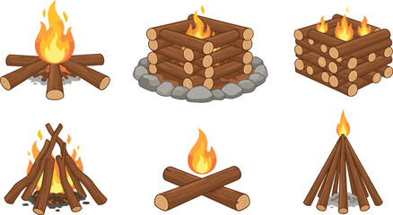 Campfire and Bonfire Vector Set Featuring Diverse Wood Structures Log Cabin Stacks Teepee Lays and Star Pit Formations for Outdoor Camping Adventure Designs © SUMON