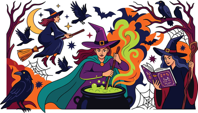 Three spooky witches casting magic spells with a bubbling cauldron and black crows in a dark forest setting for halloween celebration