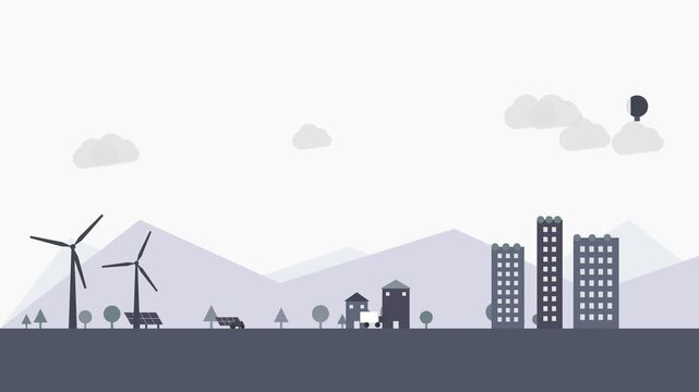 Eco city landscape with wind turbines and solar panels in flat design style