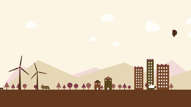 City skyline silhouette with wind turbines and mountains in flat design style