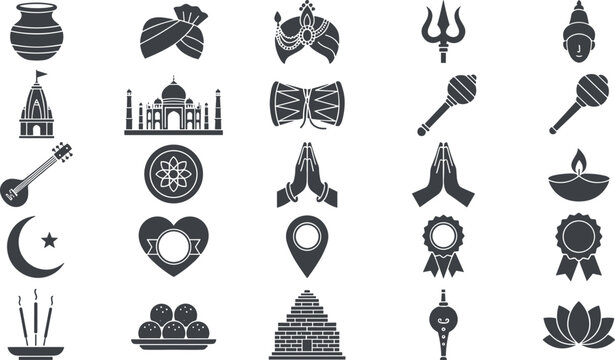 India Culture and Heritage Glyph Icon Set with Taj Mahal Temple Turban Namaste Diya Lamp Lotus and Traditional Spiritual Symbols for Travel Layouts