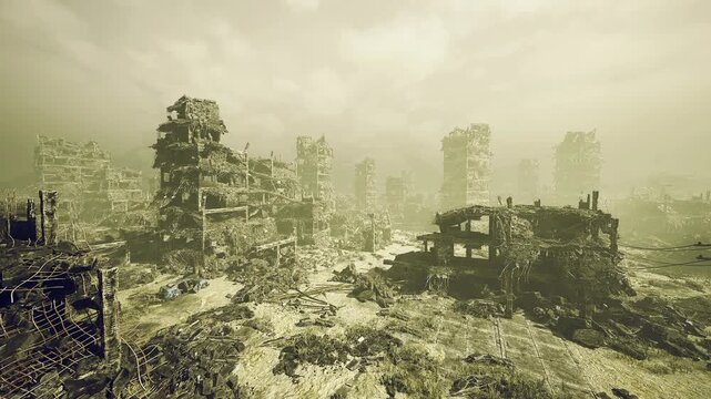 fogbound expanse with distant ruined towers and softened horizons, cinematic desolation and textured foreground rubble, study in light and decay