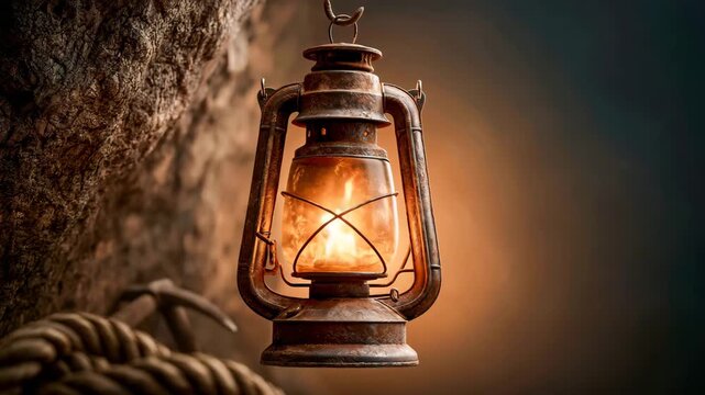 Old miner oil lantern glowing on a rough rock wall