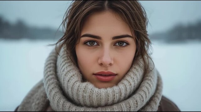 Young woman chunky knit scarf winter snow portrait serene expression snowy landscape calm knit