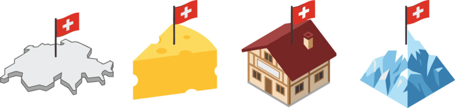Switzerland Isometric Icon Set with Map Cheese Chalet House and Alps Mountain Elements Featuring Swiss National Flag for Tourism and Culture Layouts