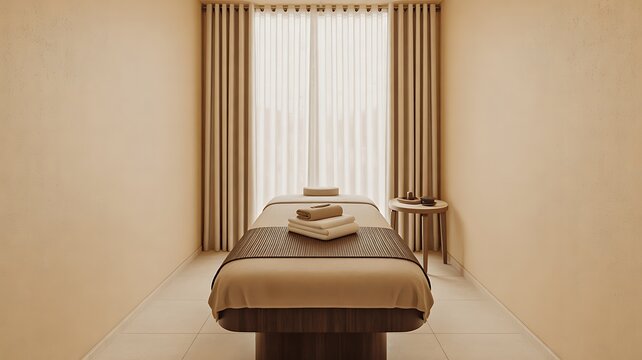 Minimal luxury spa treatment room with massage bed and calming wellness interior