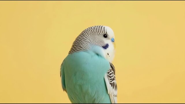 Blue and white budgerigar preening calmly small blue parakeet perched portrait curious small bird