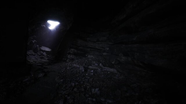 Overhead skylight illuminating pebbled cave floor with scattered puddles and soft beam, atmospheric low light, tactile geology and quiet echo