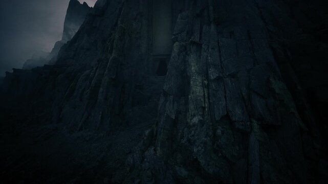 closeup basalt cliff face showing vertical strata and weathered texture, dramatic low light, deep crevices and geological detail for editorial use.