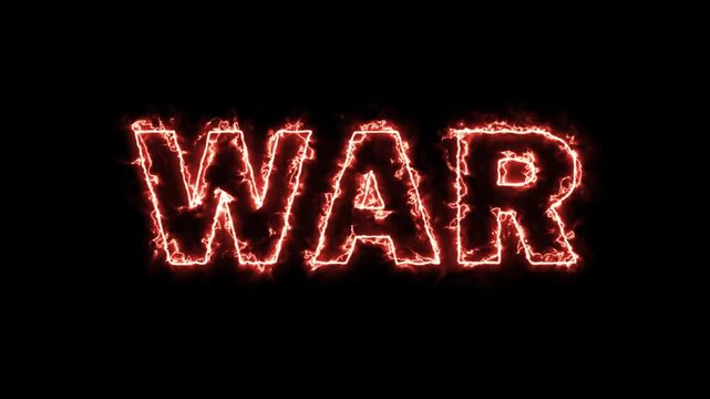 "WAR" text animation with neon and electric fire effects, fierce battle, 4K video.