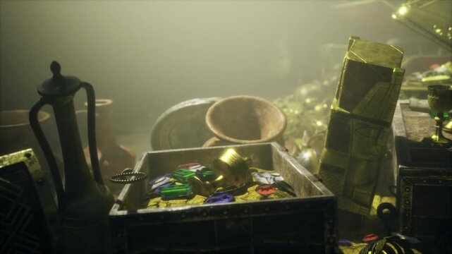 Dimly lit chest filled with treasure, scattered coins, gemstones and ornate boxes bathed in warm lantern haze, wooden bowls and tarnished goblets suggesting