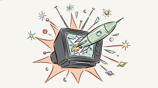 Blast off to the atomic future. Vintage graphic design for t-shirt print. Rocket ship launching through a retro television screen with stars. Mid century modern space age doodle illustration.
