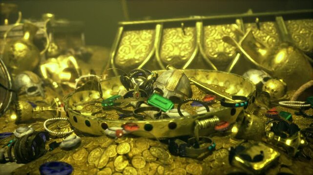 Jeweled crown resting on scattered coins, regal glow and ceremonial insignia nearby, dynasty legacy evoked, medallion and ornament suggesting coronation
