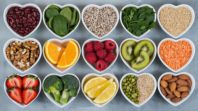 Healthy assortment of fresh fruits vegetables nuts and seeds for balanced nutrition