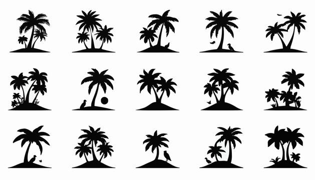 Collection of Tropical Palm Tree Island Silhouette Icons Vector Set