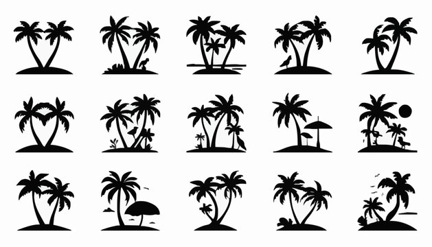 Collection of Tropical Palm Tree Island Silhouette Icons Vector Set