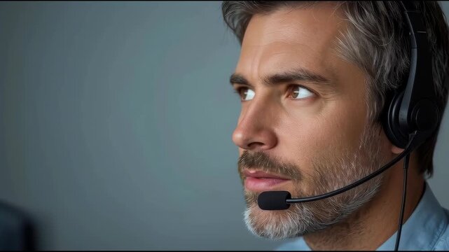 Calm middle aged man headset microphone customer support call focused attentive at computer