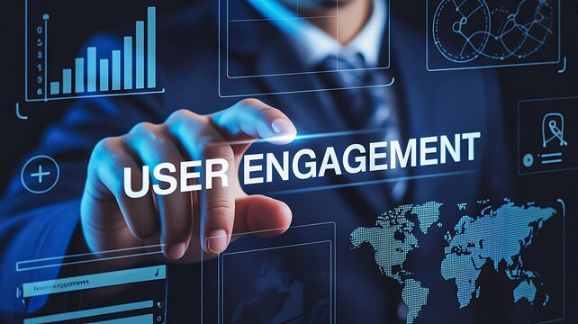Business professional interacting with user engagement digital interface for customer experience analytics