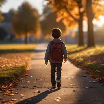 Young boy with a red backpack walking down a path