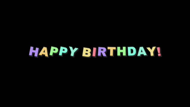 Happy birthday text animation with colorful letters on black background