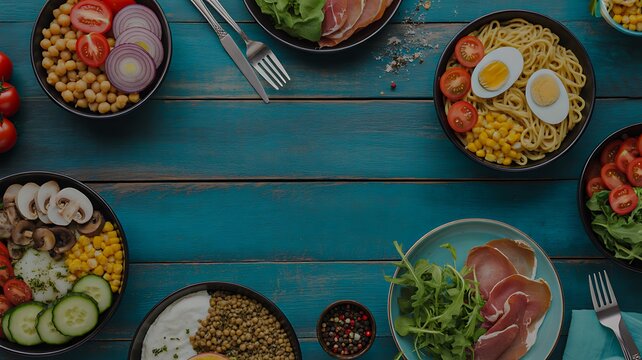 Healthy balanced meal bowls with fresh vegetables eggs grains and colorful ingredients on wooden table