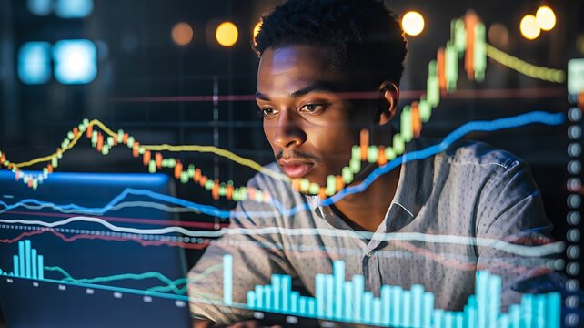 Young trader analyzing financial market data with digital stock trading charts