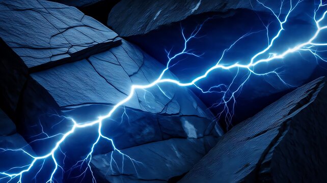 Glowing Blue Lightning Bolt Cracking Through Dark Rock Surface Dramatic Energy Background