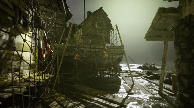 Moody dockside trawler at low tide with nets and lifebuoy, wet planks reflecting greenish light, tangled ropes and weathered hull conveying maritime decay