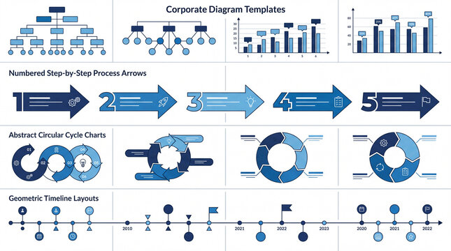 Business infographic template set with corporate diagrams, step-by-step process arrows, circular cycle charts and geometric timeline layouts.