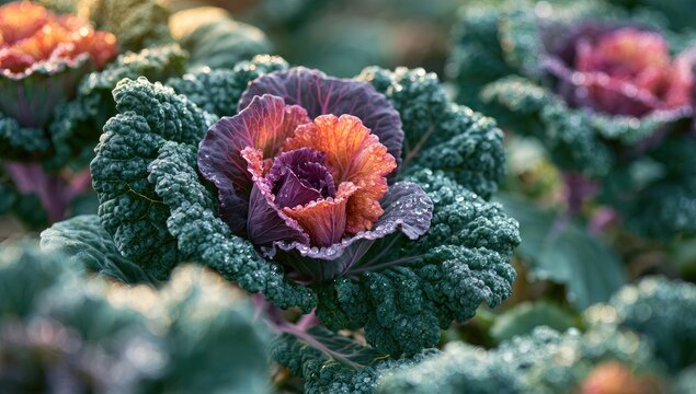 Frost-kissed ornamental cabbage with vibrant purple and orange hues (1)