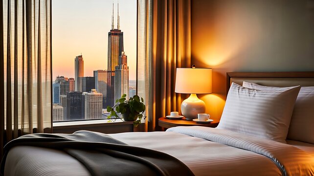 Luxury hotel bedroom with city skyline view through modern window