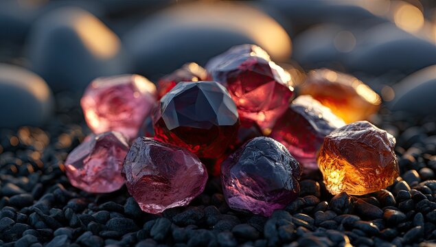 Rough, faceted gemstones of various red, pink, and orange hues sit on dark gravel