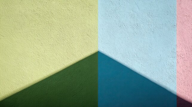 Colored textured plaster wall, diagonal geometric shadow, minimalist pastel concrete texture backdrop